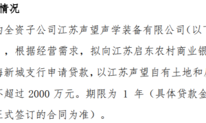 声望科技的全资子公司江苏声望拟向银行申请贷款总额不超过2000万 以江苏声望自有土地和房产抵押（声望wa）